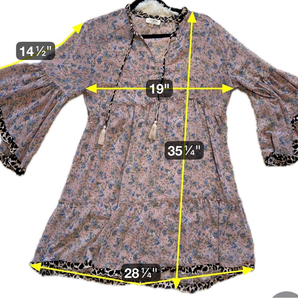 Umgee Leopard Trim Floral Boho Dress Tassel Tie 3/4 Sleeve Cottagecore Large - Picture 6 of 8